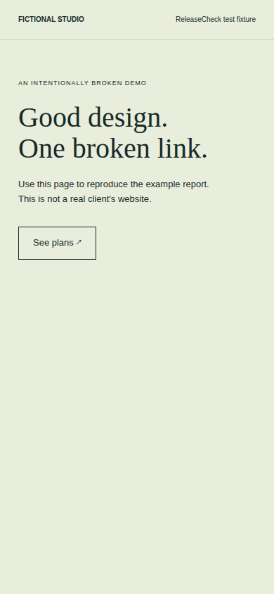 Actual 390px mobile screenshot of the intentionally broken demo after clicking See plans; the page remains at the top.